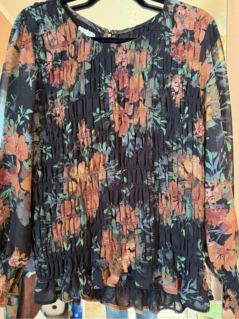 Maurices Black Floral Smocked Long-Sleeve Blouse with Peach and Teal Accents